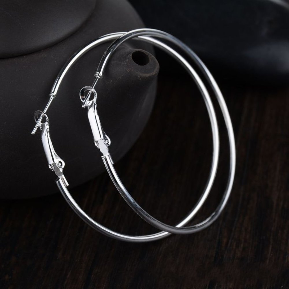 Boho Chic Silver Pierced Earrings Round 7CM Oversized Classic Metal Hoops